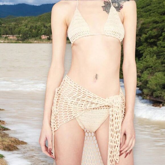Beige Crochet Bikini Set & Sarong Outfit 3 pcs Set NEW - Picture 1 of 3